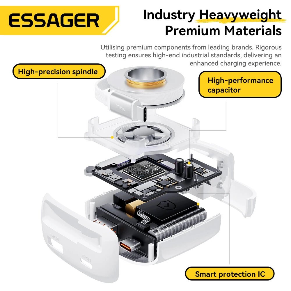 Essager ES-CD60 Chargeur Secteur GaN 65W avec Câble USB-C Rétractable - Arsenal HANTKO